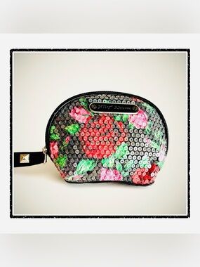 🌹Betsey Johnson Sequin Rose Floral Makeup Bag with Leopard Print Interior